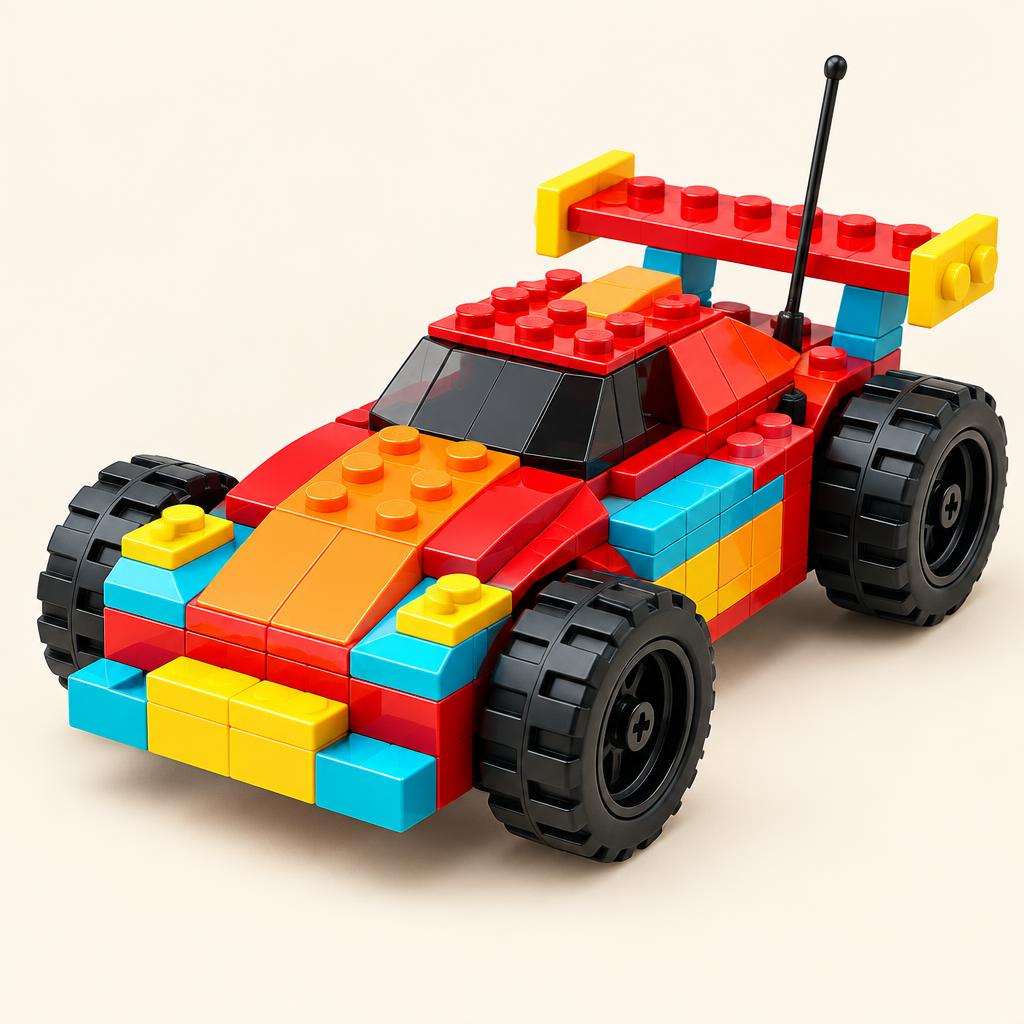 An RC race car built from snap-together building bricks